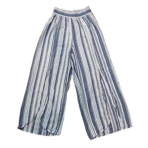 Beachy Resort Wear Linen Blend Coastal Wide Leg Pants L Blue Stripe Cropped - Picture 1 of 7